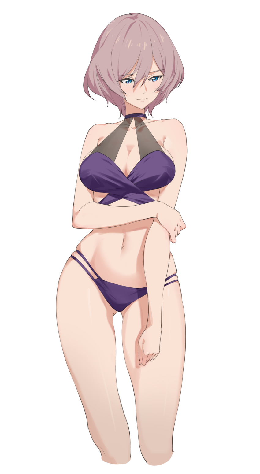 1girl, absurdres, arm_under_breasts, bikini, blue_eyes, breasts, cleavage, closed_mouth