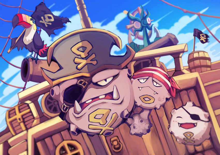 bandana, barrel, clothed_pokemon, cloud, commentary_request, day, dhelmise, eyepatch, fangs, flag, gen_1_pokemon, gen_7_pokemon, hat, highres, koffing, levitate_(pokemon), nintendo, no_humans, open_mouth, outdoors, pirate_costume, pirate_hat, pokemon, pokemon_(creature), pokemon_ability, ship, sky, smile, toucannon, watercraft, weezing, yottur