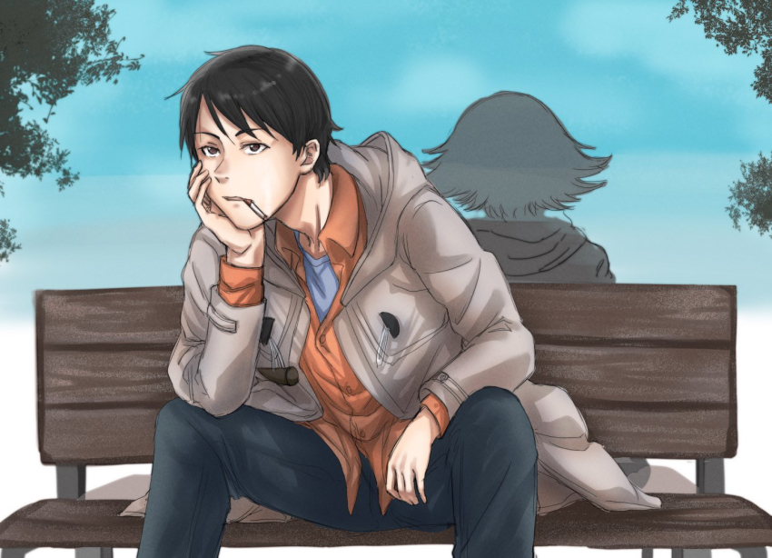 1boy, 1girl, bench, black_eyes, black_hair, black_pants, cigarette, day