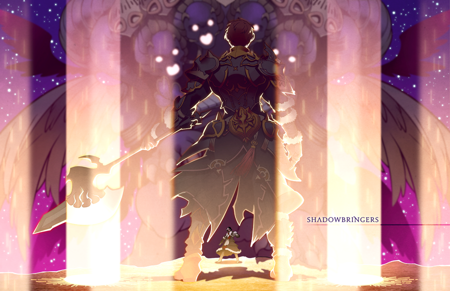 3boys, ardbert_hylfyst, axe, back, copyright_name, dark_knight_(final_fantasy), dual_persona, emet-selch, endy, final_fantasy, final_fantasy_xiv, from_behind, fur_trim, glowing, glowing_eyes, hades_(ff14), hyur, multiple_boys, sky, spoilers, standing, star_(sky), starry_sky, sword, weapon, wings