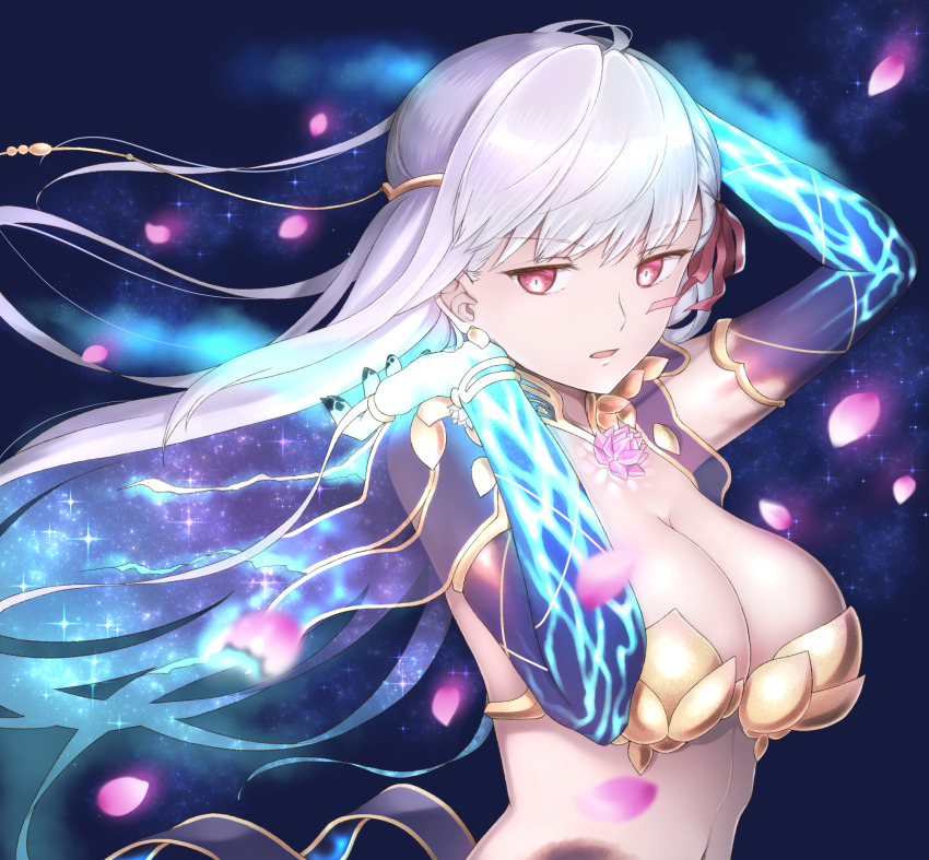 1girl, armlet, armor, bikini_armor, blush, breasts, circlet, cleavage, collar, earrings, fate/grand_order, fate_(series), flower, hair_ribbon, highres, jewelry, kama_(adult)_(fate), kama_(assassin)_(third_ascension)_(fate), kama_(fate), kama_(third_ascension)_(fate), kuraha1601, large_breasts, long_hair, looking_at_viewer, lotus, metal_collar, navel, petals, red_eyes, revealing_clothes, ribbon, silver_hair, solo, space_hair
