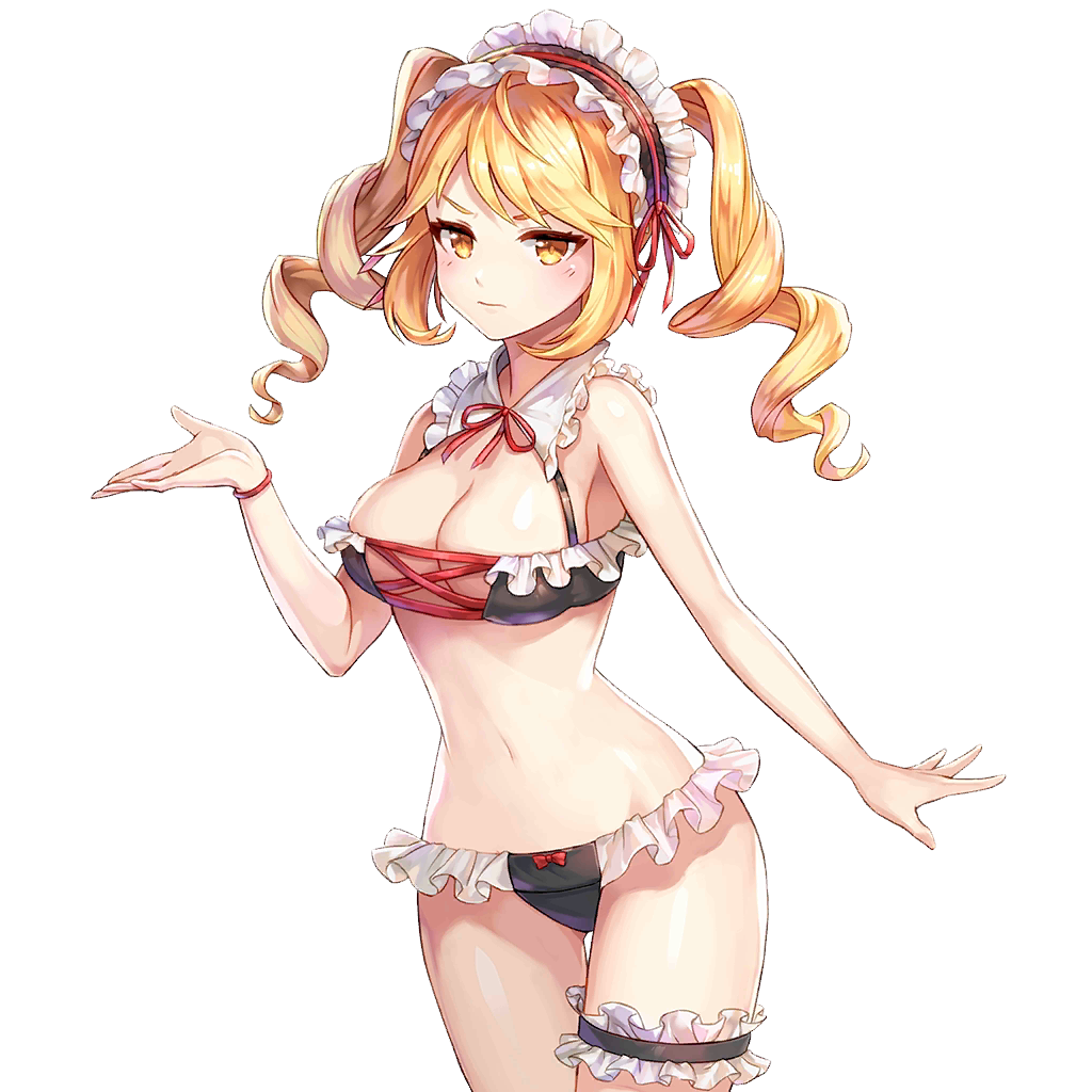 1girl, aisha_(king's_raid), bare_arms, bare_shoulders, bikini, black_bikini, blonde_hair, breasts