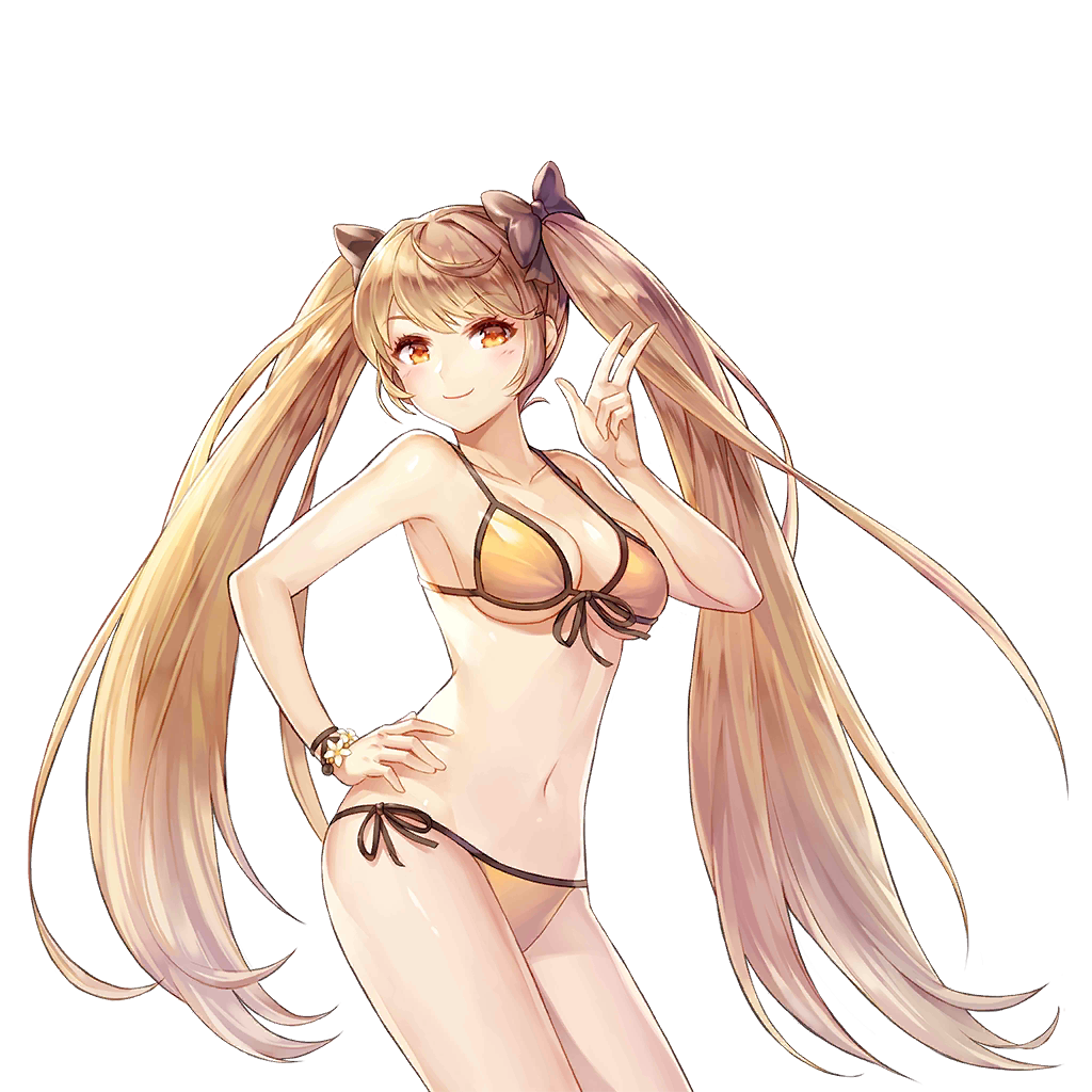 1girl, armpits, bare_arms, bare_shoulders, bikini, bow, breasts, brown_hair, cleavage, closed_mouth, cowboy_shot, front-tie_bikini_top, front-tie_top, hair_bow, halterneck, hand_on_own_hip, hand_up, king's_raid, long_hair, looking_at_viewer, medium_breasts, navel, official_art, orange_bikini, orange_eyes, reina_(king's_raid), side-tie_bikini_bottom, smile, solo, stomach, string_bikini, swimsuit, thighs, transparent_background, twintails, v, very_long_hair
