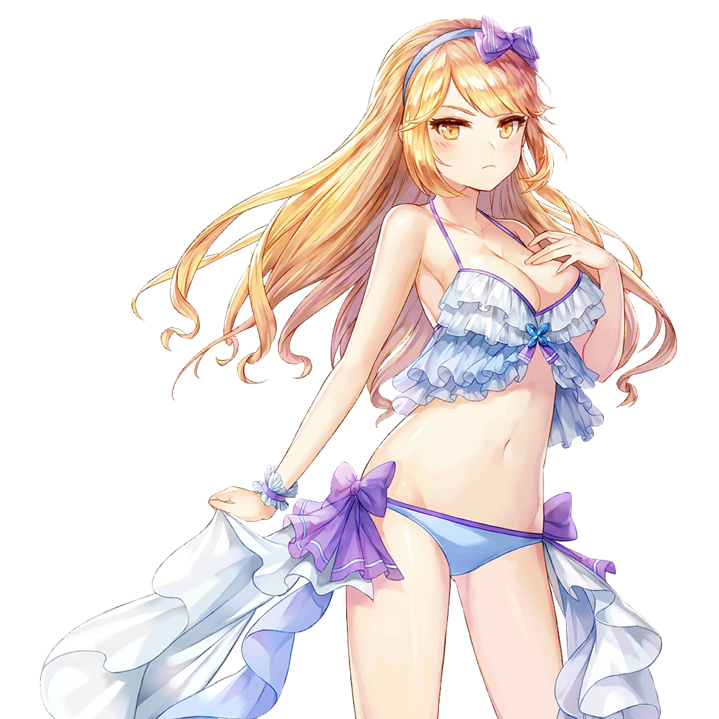 1girl, aisha_(king's_raid), armpits, bare_arms, bare_shoulders, bikini, blonde_hair, blue_bikini