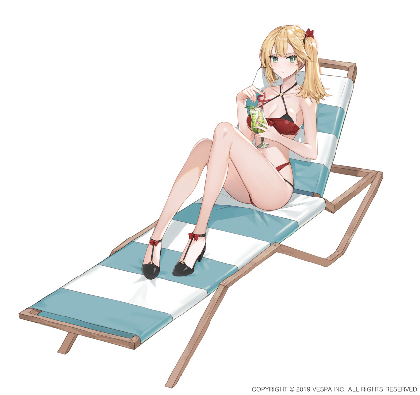 1girl, absurdres, bare_arms, bare_legs, bare_shoulders, bikini, black_bikini, black_sandals, blonde_hair, breasts, chair, chrisha_(king's_raid), cleavage, collarbone, criss-cross_halter, cup, drinking_glass, full_body, green_eyes, hair_ornament, halterneck, high_heel_sandals, high_heels, highres, holding, hurricane_glass, jaeyun, king's_raid, knees_up, long_hair, looking_at_viewer, lounge_chair, medium_breasts, official_art, reclining, red_bikini, sandals, side_ponytail, simple_background, solo, string_bikini, swimsuit, thighs, white_background