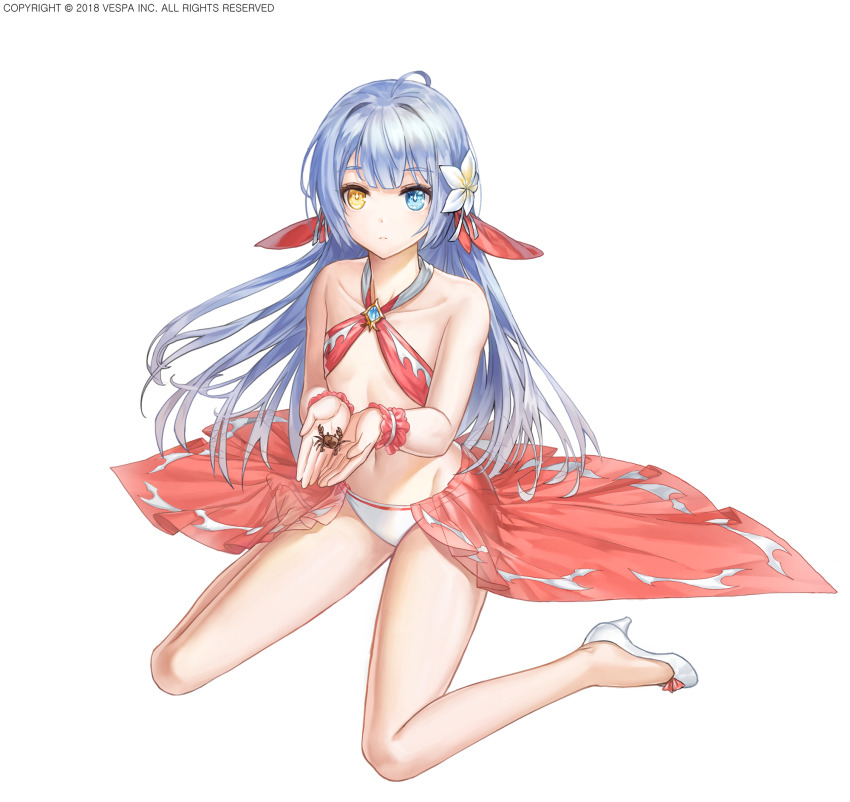 1girl, bare_legs, bare_shoulders, bikini, blue_eyes, blue_hair, brooch, collarbone, crab, criss-cross_halter, flat_chest, flower, full_body, groin, hair_flower, hair_ornament, halterneck, heterochromia, high_heels, highres, jaeyun, jewelry, kara_(king's_raid), king's_raid, long_hair, looking_at_viewer, navel, official_art, sarong, simple_background, sitting, solo, swimsuit, symbol-shaped_pupils, thighs, wariza, white_background, white_bikini, white_footwear, wrist_cuffs, yellow_eyes