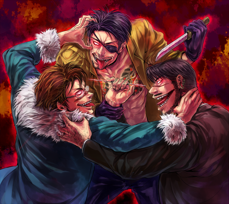 3boys, black_hair, black_pants, blue_coat, coat, crossover, dagger, earrings, eyepatch, facial_hair, fur_trim, gesugao, glasgow_smile, glasses, glowing, glowing_eyes, hand_around_neck, holding, hand_grab, holding_knife, imminent_fight, irezumi, ishida_to_asakura, jewelry, kakihara_masao, kamizawa_(sark), knife, koroshiya_ichi, majima_goro, male_focus, multiple_boys, multiple_earrings, mustache, one-eyed, pants, red_background, red_eyes, ryuu_ga_gotoku_(series), ryuu_ga_gotoku_1, scar, scar_on_face, sideburns, snake_print, suzuki_(ishida_to_asakura), tattoo, tongue, tongue_out, weapon, yakuza