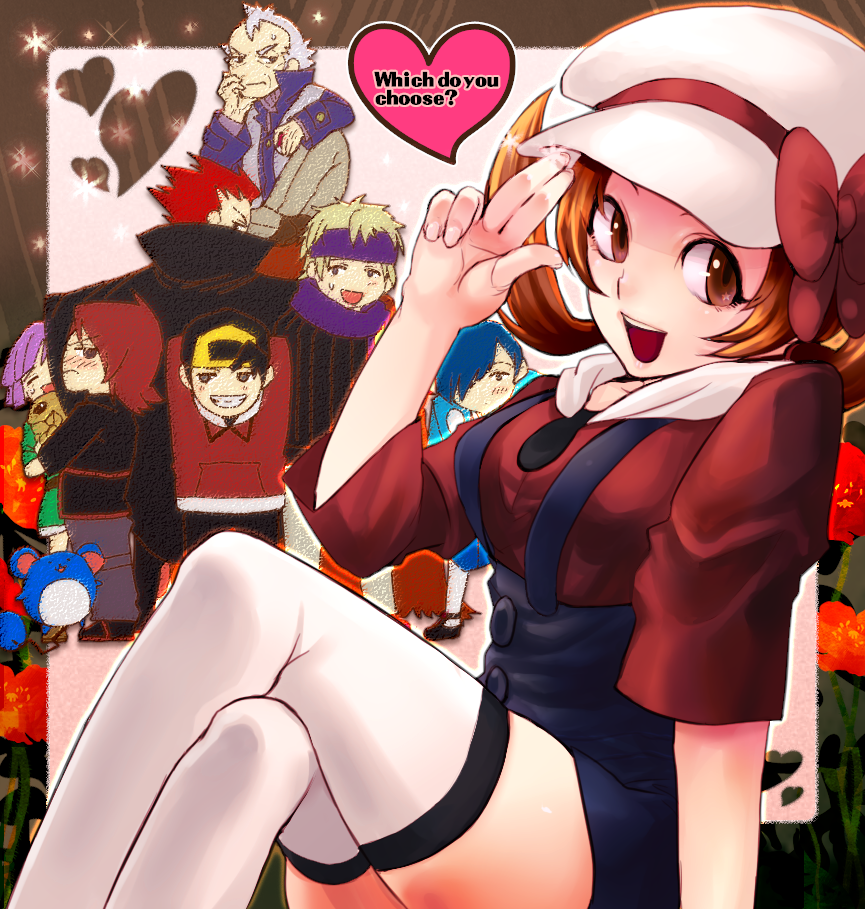 00s, 2girls, 6+boys, bad_id, bad_pixiv_id, bow, brown_hair, bugsy_(pokemon), crossed_legs, english_text, ethan_(pokemon), falkner_(pokemon), gen_1_pokemon, gen_2_pokemon, gym_leader, hat, hat_ribbon, heart, holding, holding_poke_ball, kakuna, lance_(pokemon), lyra_(pokemon), marill, morty_(pokemon), multiple_boys, multiple_girls, nintendo, piloswine, poke_ball, pokemon, pokemon_(creature), pokemon_heartgold_and_soulsilver, pryce_(pokemon), red_ribbon, ribbon, sasi, sasi_(prgr_rg), silver_(pokemon), sitting, smile, thighhighs, v