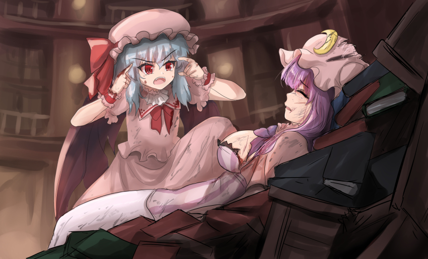 bat_wings, battle_damage, blood, blood_on_clothes, blood_on_hands, blue_hair, book, breasts, closed_eyes, crescent, crescent_hat_ornament, dress, fangs, frilled_dress, frilled_hat, frills, hat, hat_ornament, highres, invincible_(series), large_breasts, library, long_hair, medium_hair, meme, namiki_(remiter00), parody, patchouli_knowledge, purple_hair, purple_ribbon, red_eyes, red_ribbon, remilia_scarlet, ribbon, think_mark_think!_(meme), torn_clothes, touhou, wings