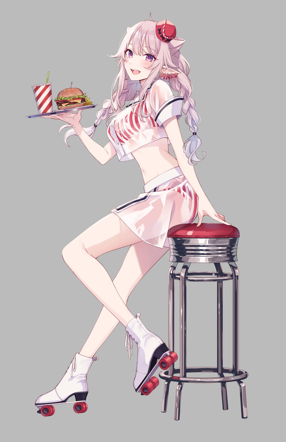 1girl, bar_stool, bikini, bikini_under_clothes, blouse, braid, burger, collared_shirt