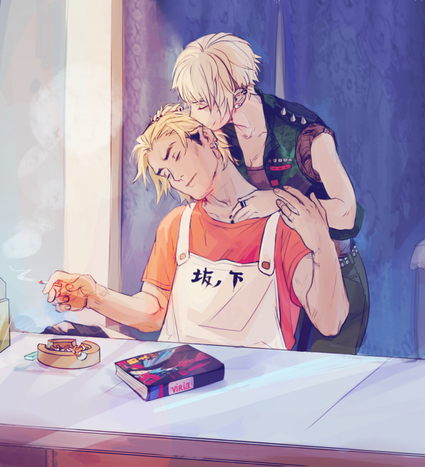 1boy, 1girl, apron, ashtray, belt, blonde_hair, chair, cigarette