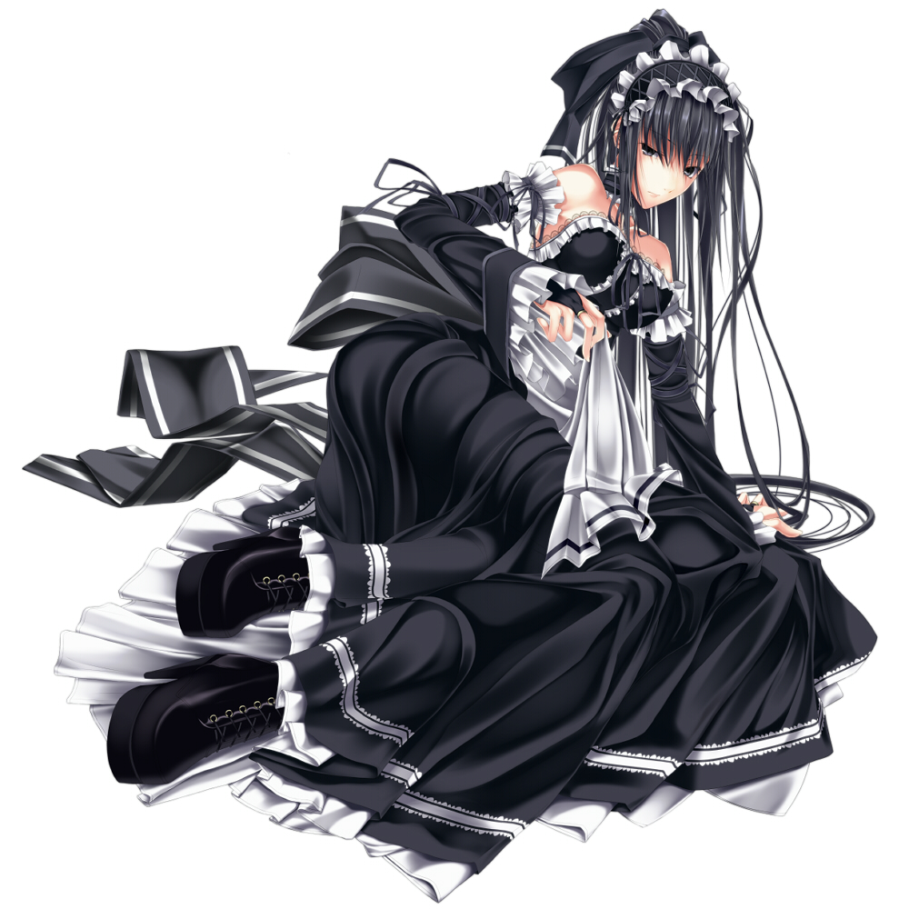 bare_shoulders, black_eyes, black_hair, choker, detached_sleeves, doatobira, frills, hairband