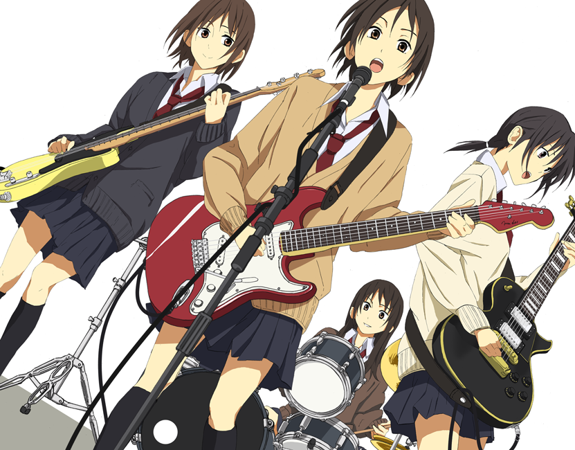 4girls, bass_guitar, brown_eyes, brown_hair, cardigan, drum, drum_set, dutch_angle