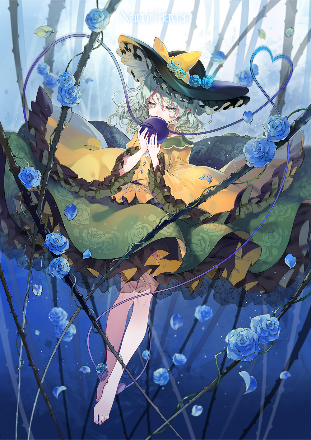 1girl, barefoot, black_hat, blue_background, blue_flower, blue_rose, bow, commentary_request