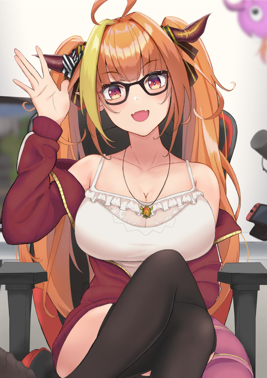 1girl, ahoge, arm_up, bare_shoulders, black-framed_eyewear, black_ribbon, black_thighhighs, blonde_hair, blunt_bangs, blurry, blurry_background, bow, breasts, bright_pupils, camisole, chair, cleavage, collarbone, commentary_request, crossed_legs, diagonal-striped_bow, dragon_girl, dragon_horns, dragon_tail, fangs, feet_out_of_frame, frilled_camisole, frills, gaming_chair, glasses, hair_intakes, hair_ribbon, highres, hololive, horn_bow, horn_ornament, horns, indoors, jacket, jewelry, kiryu_coco, kiryu_coco_(dragon), kiryu_coco_(loungewear), large_breasts, light_blush, long_hair, long_sleeves, looking_at_viewer, monitor, multicolored_hair, nintendo_switch, off_shoulder, official_alternate_costume, open_clothes, open_jacket, open_mouth, orange_hair, pendant, pointy_ears, potemaka, red_eyes, red_jacket, ribbon, see-through_clothes, sidelocks, sitting, skin_fangs, solo, spaghetti_strap, streaked_hair, striped_bow, swivel_chair, tail, thighhighs, track_jacket, twintails, virtual_youtuber, waving, white_camisole, white_pupils