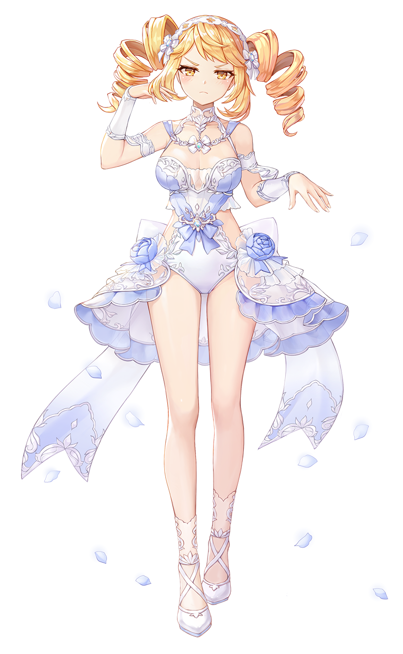 1girl, aisha_(king's_raid), bare_shoulders, blonde_hair, breasts, closed_mouth, clothing_cutout, dress, drill_hair, frown, full_body, hairband, hand_up, highres, king's_raid, large_breasts, long_hair, looking_at_viewer, official_art, one-piece_swimsuit, orange_eyes, petals, shoes, side_cutout, solo, standing, swimsuit, thighs, transparent_background, twin_drills, twintails, v-shaped_eyebrows, wedding_dress, white_one-piece_swimsuit, white_shoes