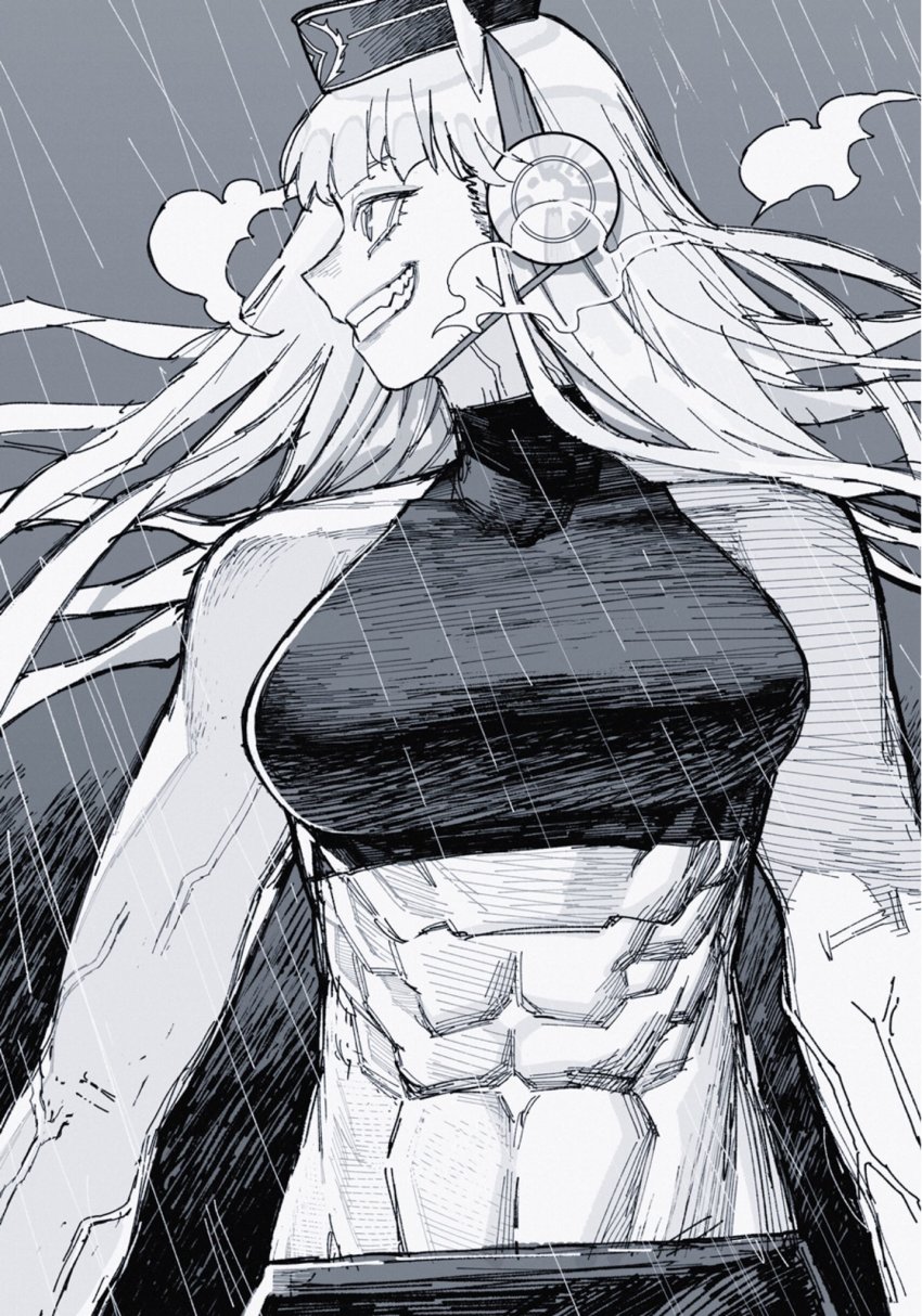 1girl, abs, animal_ears, bare_shoulders, breasts, crop_top, evil_grin, evil_smile, gold_ship_(umamusume), greyscale, grin, halterneck, highres, horse_ears, horse_girl, long_hair, medium_breasts, monochrome, muscular, muscular_female, noririn4696, pillbox_hat, rain, smile, solo, umamusume, upper_body, veins