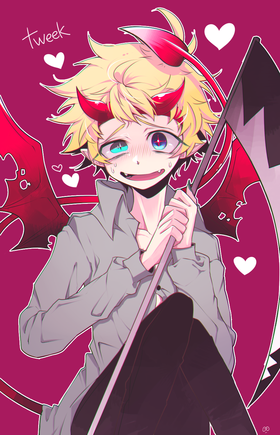 1boy, blonde_hair, blue_eyes, demon_boy, demon_girl, demon_horns, demon_wings, highres, holding, holding_scythe, horns, messy_hair, scythe, short_hair, smile, solo, south_park, south_park:_phone_destroyer, tweek_tweak, uneven_eyes, wings