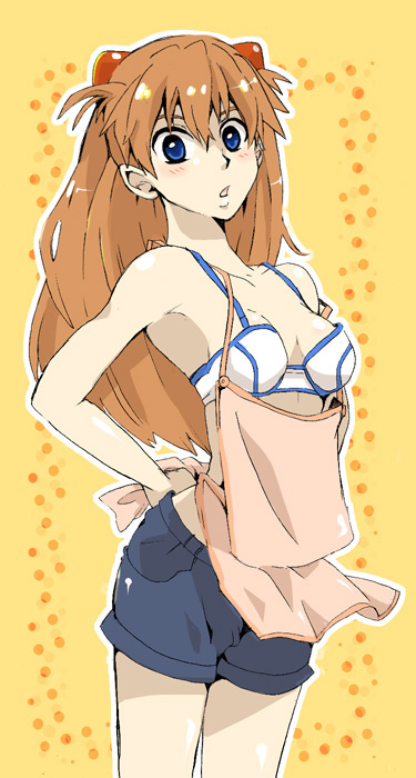 1girl, apron, bad_id, bad_pixiv_id, blue_eyes, blush, bra, breasts