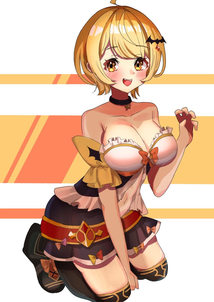 1girl, :d, ahoge, bad_id, bad_twitter_id, bare_shoulders, bat_hair_ornament, black_thighhighs