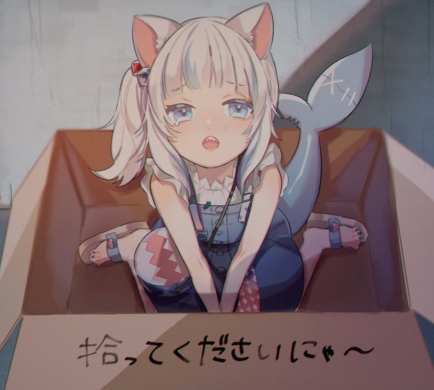 1girl, 852_box, :o, animal_ears, bag, bite_mark, blue_eyes, blue_hair