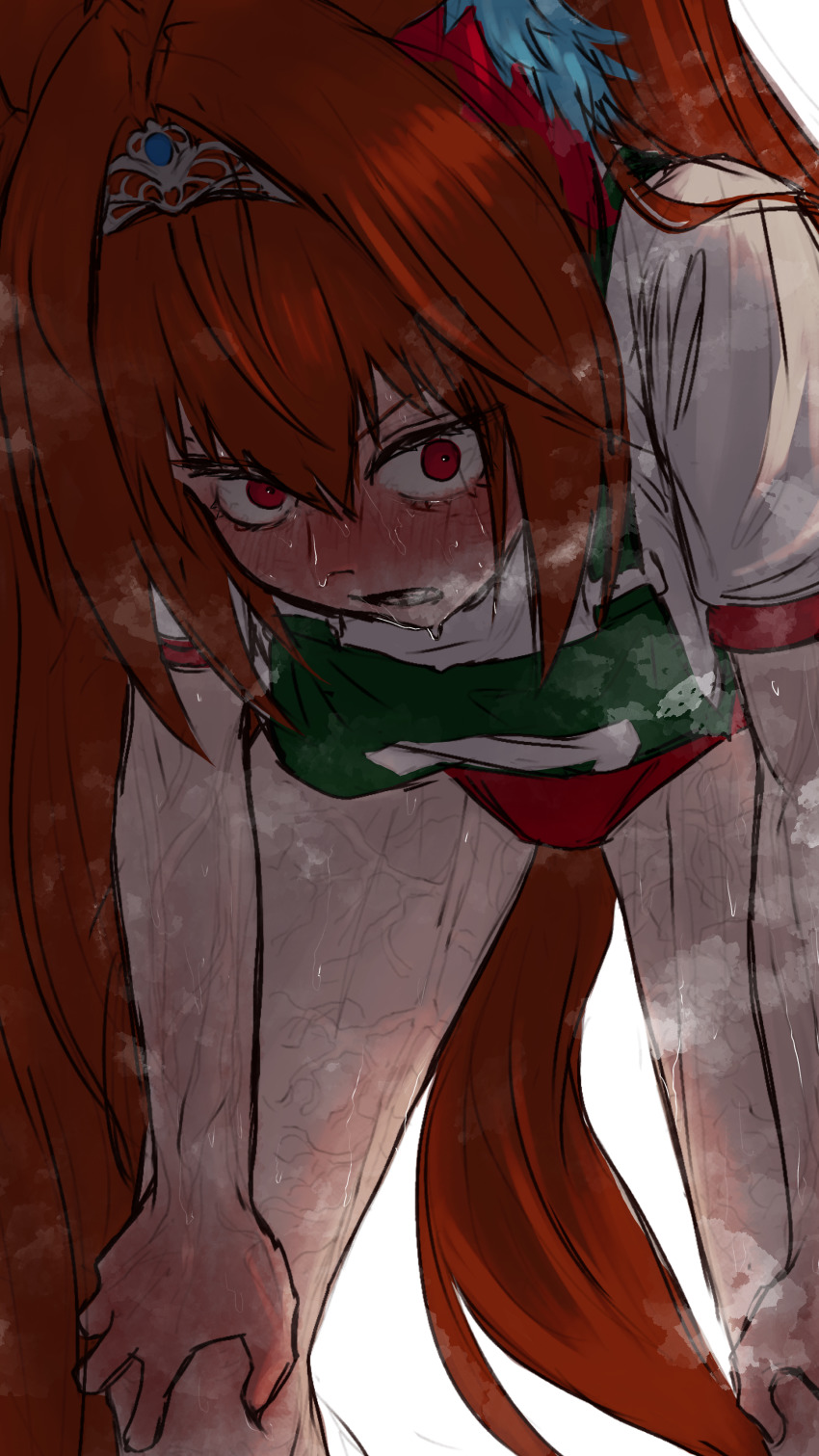 1girl, 746kuchiku, absurdres, blush, brown_hair, buruma, daiwa_scarlet_(umamusume), exhausted, highres, horse_tail, long_hair, looking_at_viewer, open_mouth, red_eyes, simple_background, solo, steam, steaming_body, sweat, tail, tiara, umamusume, veins, veiny_arms, veiny_hands, very_long_hair, white_background