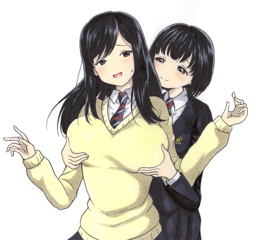 2girls, absurdres, ajikeneko, black_hair, breasts, grabbing_another's_breast, grabbing_from_behind, grey_eyes