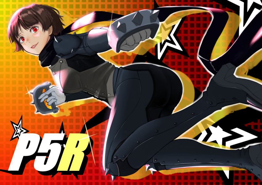 1girl, arms_up, biker_clothes, bikesuit, black_bodysuit, black_scarf, blunt_bangs, bodysuit, boots, braid, braided_hairband, brown_hair, copyright_name, crown_braid, diffraction_spikes, gloves, glowing, glowing_hair, gradient_background, hairband, high_heel_boots, high_heels, holding, holding_weapon, knee_pads, knee_spikes, legs_up, light_smile, logo, long_scarf, long_sleeves, looking_at_viewer, looking_to_the_side, midair, niijima_makoto, niishi214, open_mouth, orange_background, outline, outstretched_arm, parted_lips, persona, persona_5, persona_5_the_royal, red_eyes, scarf, shiny_clothes, shiny_skin, short_hair, shoulder_pads, shoulder_spikes, simple_background, solo_focus, spikes, star_(symbol), teeth, tekko, weapon, white_gloves, white_outline, yellow_outline