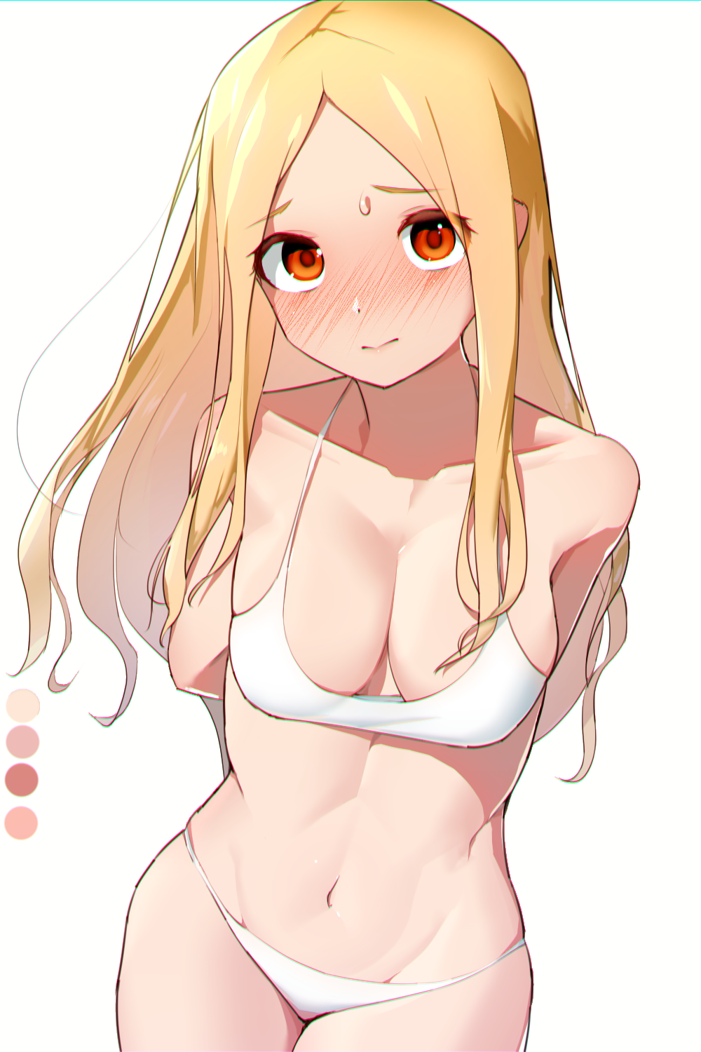 1girl, arms_behind_back, bikini, blush, breasts, cleavage, closed_mouth, collarbone