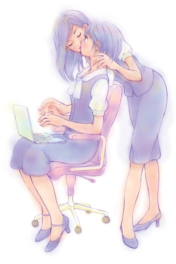 2girls, chair, computer, cover, high_heels, computer_keyboard, kiss, laptop, long_hair, long_skirt, morishima_akiko, multiple_girls, office_chair, office_lady, pencil_skirt, ruriiro_no_yume, shoes, short_hair, skirt, swivel_chair, vest, yuri
