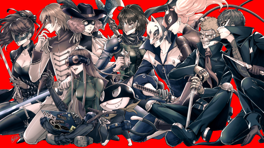 5boys, 5girls, ahoge, akechi_gorou, amamiya_ren, animal_ears, arm_up, arms_up, artoria_pendragon_(fate), ascot, axe, belt, biker_clothes, bikesuit, black_cat, black_choker, black_coat, black_feathers, black_footwear, black_hair, black_legwear, black_leotard, black_ribbon, black_scarf, black_vest, blonde_hair, blouse, blue_gloves, blue_hair, blue_jacket, blue_legwear, blue_lightsaber, blue_track_suit, blunt_bangs, bodysuit, boots, braided_hairband, breasts, brown_hair, cape, cat, cat_ears, cat_mask, cat_tail, cavalier_hat, choker, cleavage, coat, collar, collared_coat, collared_shirt, computer, curly_hair, dagger, dress_shirt, earrings, elbow_gloves, energy_sword, fate_(series), hat_feather, feathers, fox_mask, frilled_coat, frilled_sleeves, frills, gem, gloves, goggles, goggles_on_eyes, green_bodysuit, green_footwear, green_gloves, grey_mask, grey_shirt, hair_ribbon, hairband, hand_on_blade, hand_on_floor, hand_on_weapon, hand_up, hat, hi_(ibisf5umauma), high_collar, high_ponytail, hime_cut, holding, holding_axe, holding_dagger, holding_knife, holding_slingshot, holding_sword, holding_weapon, holding_whip, jacket, jewelry, katana, kitagawa_yuusuke, knee_pads, knee_up, kneeling, knees_up, knife, laptop, large_hat, latex, latex_bodysuit, leg_up, legs_apart, legs_up, leotard, lightsaber, long_hair, long_scarf, long_sleeves, mask, masquerade_mask, morgana_(persona_5), multiple_boys, multiple_girls, niijima_makoto, okumura_haru, open_mouth, orange_hair, outstretched_arm, persona, persona_5, persona_5_the_royal, personification, pink_gloves, pink_shirt, pointed_mask, ponytail, purple_headwear, rapier, red_ascot, red_background, red_bodysuit, red_cape, red_gloves, red_hair, red_mask, ribbon, saber_(fate), sakamoto_ryuuji, sakura_futaba, scarf, sheath, shiny_clothes, shirt, short_hair, shoulder_pads, shoulder_spikes, signature, simple_background, skull, slingshot_(weapon), smile, smoking_pipe, spikes, squatting, metal_mask, sticker, stud_earrings, swept_bangs, sword, tail, takamaki_anne, tassel, teeth, tekko, thigh_boots, thighhighs, track_suit, trench_coat, tuxedo_de_cat, twintails, unsheathing, utility_belt, v_arms, vest, watermark, weapon, whip, white_gloves, white_mask, wide_sleeves, yellow_gloves, yellow_scarf, yoshizawa_kasumi