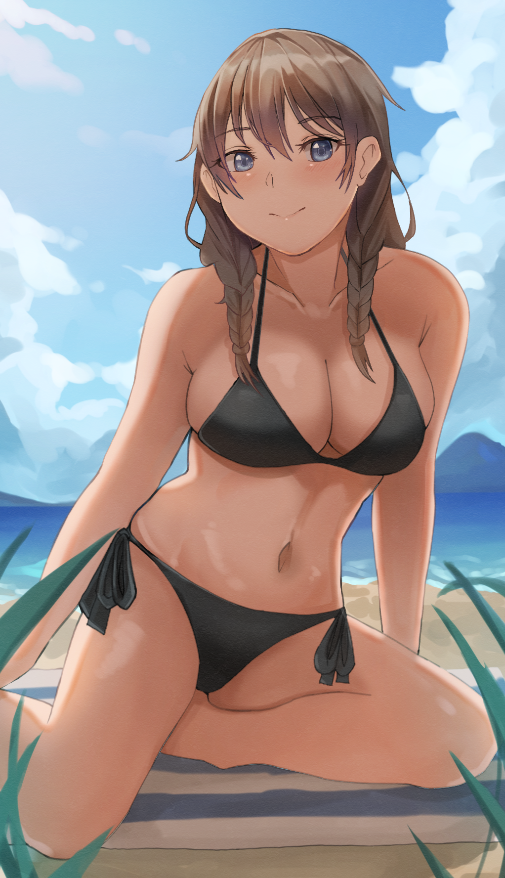 1girl, beach, bikini, black_bikini, blue_eyes, blue_sky, braid, breasts