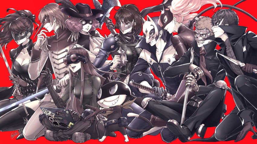 5boys, 5girls, ahoge, akechi_gorou, amamiya_ren, animal_ears, arm_up, arms_up