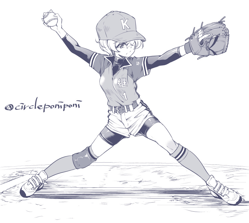 1girl, absurdres, arm_up, ball, baseball_cap, baseball_glove, belt, bike_shorts