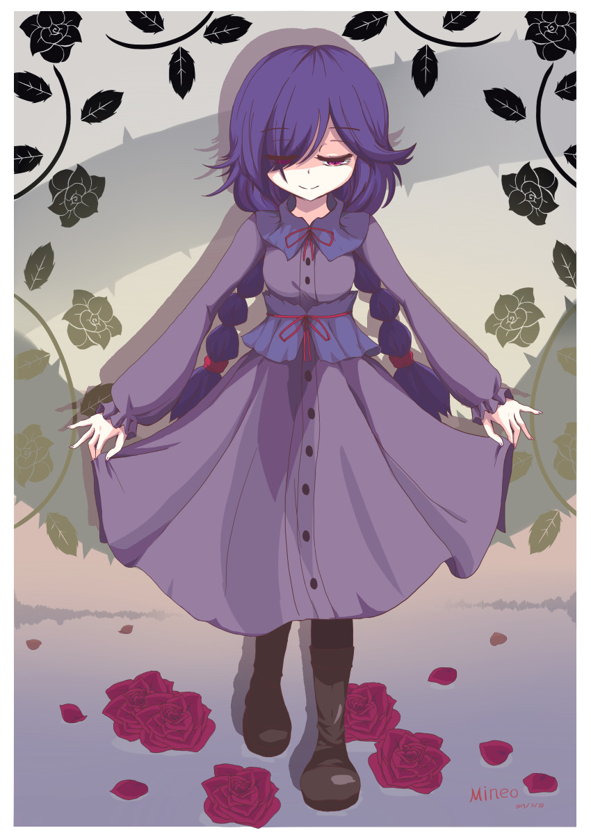 100%_orange_juice, 1girl, absurdres, alicianrone, asymmetrical_bangs, boots, braid, ceoreparque_(orange_juice)