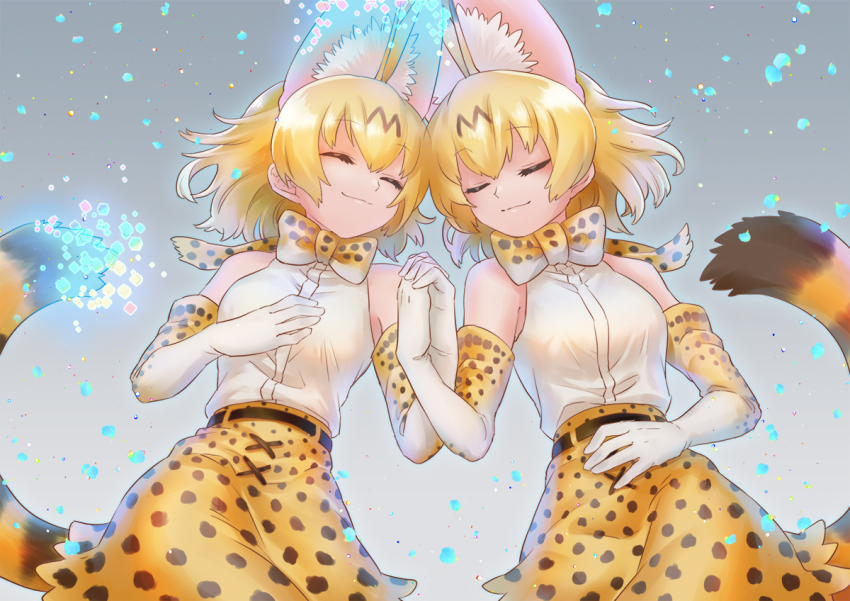 2girls, animal_ears, animal_print, bad_id, bad_twitter_id, belt, black_belt, blonde_hair