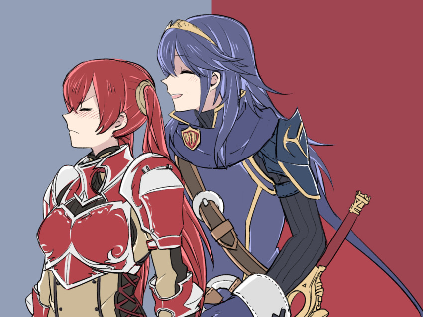 2girls, armor, blue_hair, blush, closed_eyes, falchion_(fire_emblem), falchion_(weapon), fire_emblem, fire_emblem_awakening, long_hair, lucina_(fire_emblem), multiple_girls, nintendo, red_hair, severa_(fire_emblem), smile, sword, tiara, twintails, weapon