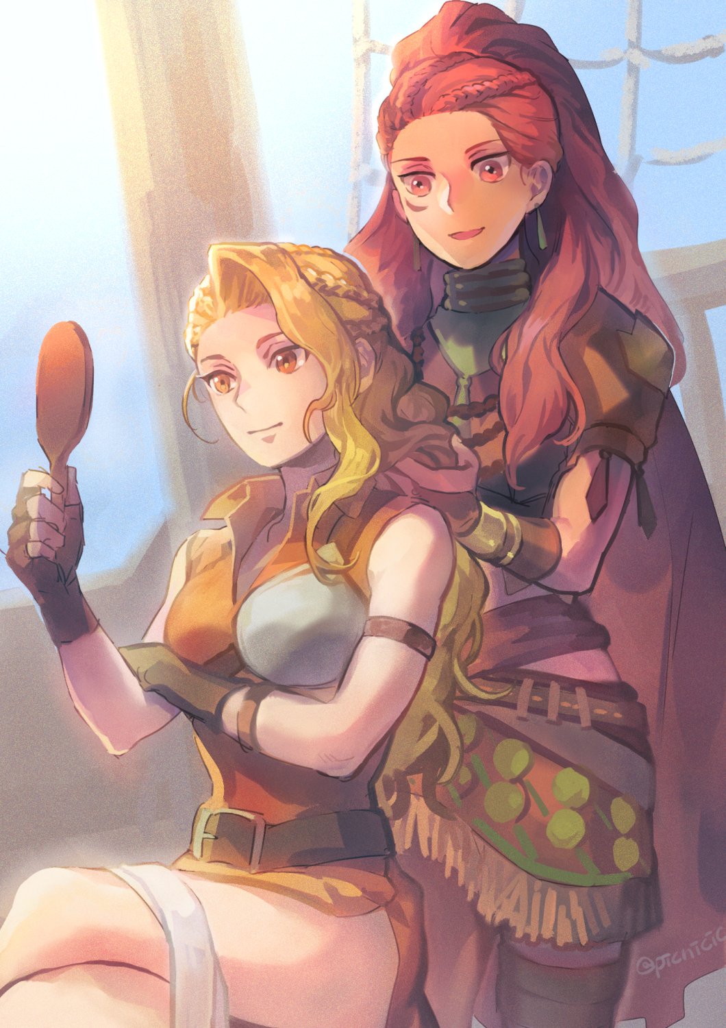 2girls, belt, belt_buckle, blonde_hair, braid, braiding_hair, brigid_(fire_emblem), buckle, closed_mouth, crossed_legs, earrings, fingerless_gloves, fire_emblem, fire_emblem:_genealogy_of_the_holy_war, fire_emblem:_three_houses, gloves, hairdressing, highres, holding, jewelry, long_hair, mirror, multiple_girls, nintendo, orange_eyes, petra_macneary, petra_macneary_(timeskip), picnicic, pink_eyes, purple_hair, ship, sitting, skirt, smile, watercraft