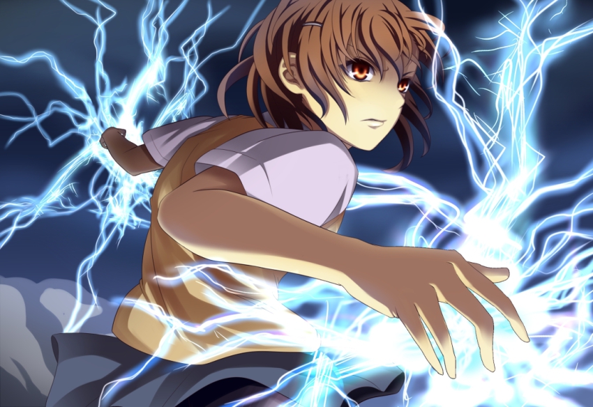 00s, 1girl, brown_eyes, brown_hair, electricity, electrokinesis, female_focus, hair_ornament, hairclip, lostman000, misaka_mikoto, mokichi_ex, school_uniform, serious, skirt, solo, sweater_vest, toaru_kagaku_no_railgun, toaru_majutsu_no_index