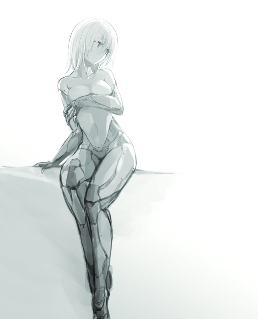 1girl, android, blau_(mechanical_buddy_universe), covering_breasts, covering_privates, expressionless, greyscale, hair_between_eyes, highres, joints, kato_takuji, mechanical_arms, mechanical_buddy_universe, mechanical_legs, monochrome, nude, robot_joints, science_fiction, short_hair, solo