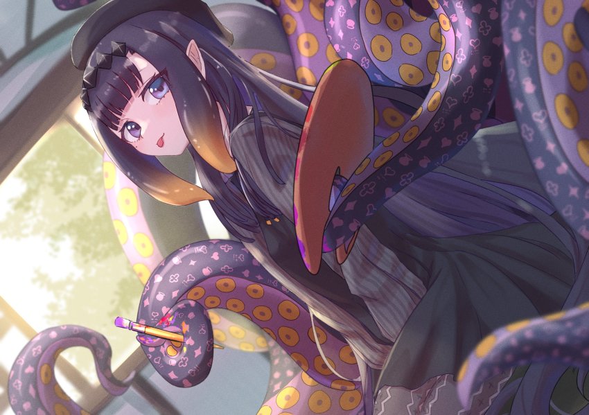 1girl, :p, art_brush, beret, black_dress, black_hair, black_hat, blue_eyes, blunt_bangs, commentary, dress, dutch_angle, flat_chest, gradient_hair, grey_pantyhose, grey_shirt, hat, highres, hololive, hololive_english, long_hair, long_sleeves, looking_at_viewer, mole, mole_under_eye, multicolored_hair, ninomae_ina'nis, ninomae_ina'nis_(casual), orange_hair, paintbrush, pantyhose, pinafore_dress, pinstripe_pattern, pinstripe_shirt, pleated_dress, pleia90, puffy_long_sleeves, puffy_sleeves, seiza, shirt, short_dress, sidelocks, sitting, sleeveless, sleeveless_dress, solo, striped, untranslatable_commentary, tentacle_hair, tentacles, tongue, tongue_out, very_long_hair, virtual_youtuber