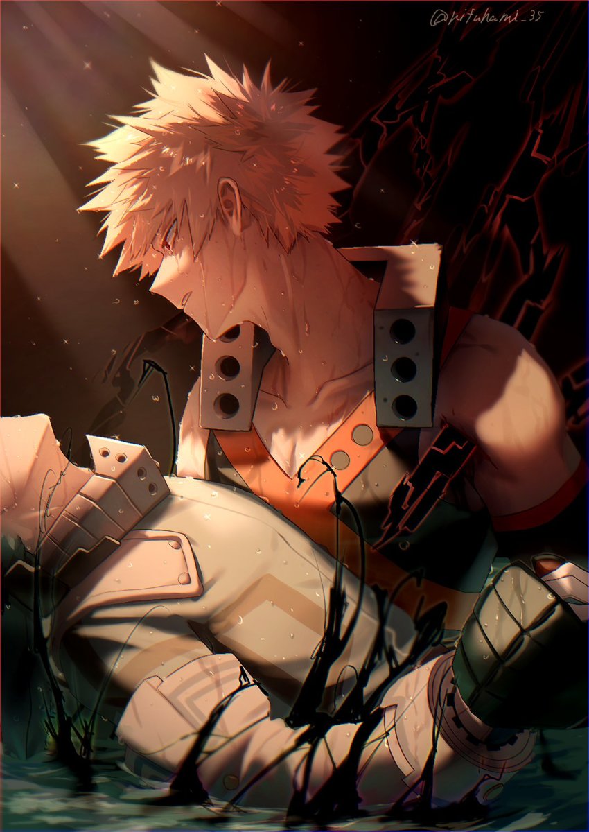 2boys, artist_name, bakugou_katsuki, bare_shoulders, black_gloves, black_shirt, blonde_hair, bodysuit