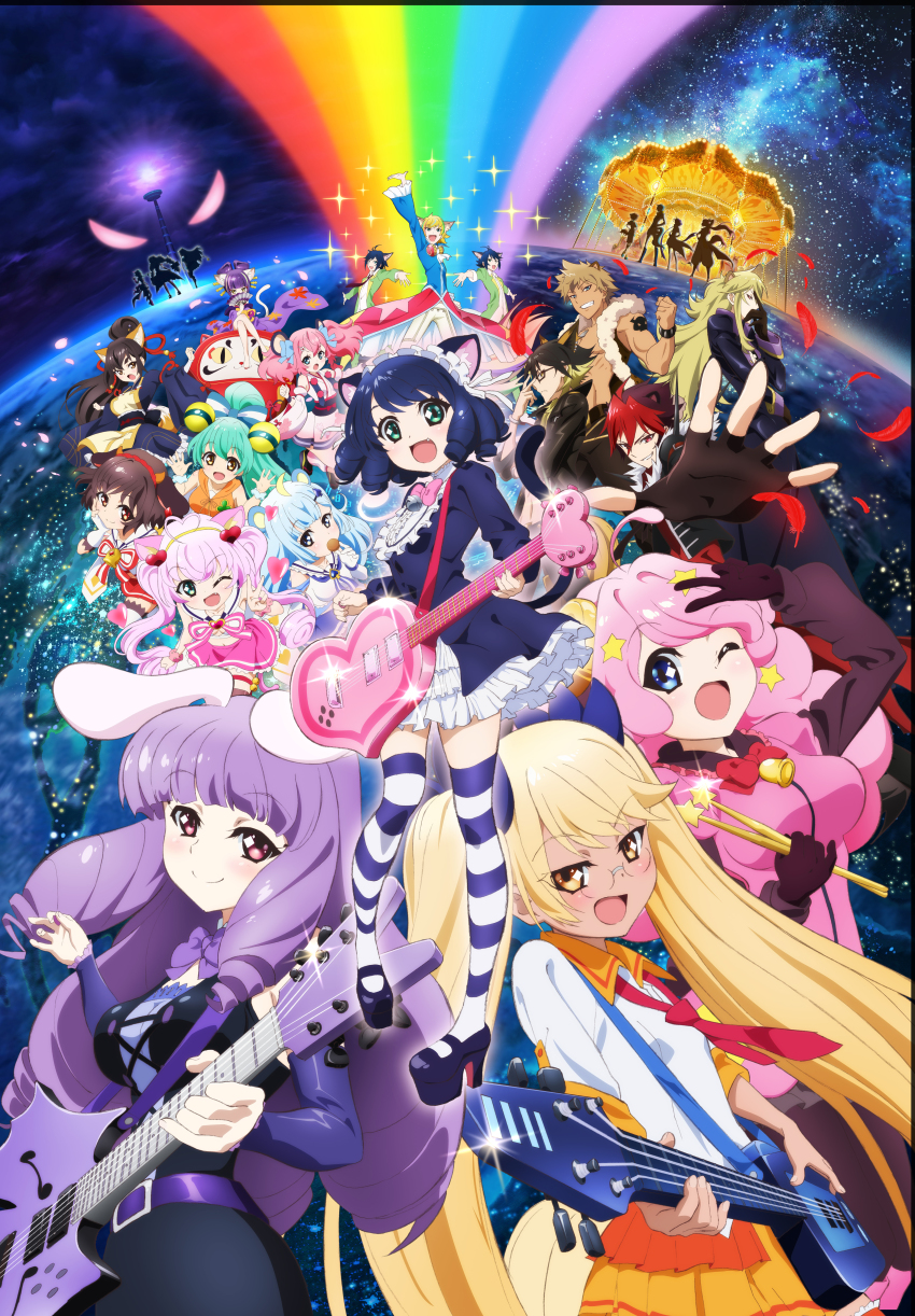 6+boys, 6+girls, :d, :o, ;d, a_(show_by_rock!!), absurdres, adjusting_eyewear, ahoge, ailane_(show_by_rock!!), aion_(show_by_rock!!), animal_ears, apron, aqua_eyes, aqua_hair, argon_(show_by_rock!!), arm_scrunchie, bare_pectorals, bass_guitar, bell, blonde_hair, blouse, blue_eyes, blue_hair, blue_legwear, blue_skirt, bow, bowtie, breasts, brown_eyes, brown_gloves, brown_hair, carousel, cat_ears, cat_girl, chuchu_(show_by_rock!!), cleavage, clenched_hand, closed_mouth, clover, coat, colored_bangs, crossed_legs, crow_(show_by_rock!!), cyan_(show_by_rock!!), dagger_morse, dark_blue_hair, darudayu_(show_by_rock!!), diamond_(shape), dress, drumsticks, dyed_ahoge, eating, everyone, eyebrows_hidden_by_hair, fake_animal_ears, feathers, fingerless_gloves, flat_chest, food, food_request, frills, fur-trimmed_coat, fur-trimmed_jacket, fur_collar, fur_trim, glasses, gloves, glowing_feather, gothic_lolita, green_eyes, guitar, hair_ornament, hairstyle_request, hand_fan, hand_on_eyewear, hand_on_own_face, headband, heart, heart-shaped_hair, heart_ahoge, heart_guitar, heart_hair_ornament, highres, holmy_(show_by_rock!!), hood, hoodie, horse_girl, huge_filesize, hundreko_(show_by_rock!!), instrument, jacket, jacqueline_(show_by_rock!!), kai_(show_by_rock!!), key_visual, legs_apart, light_blue_hair, lolita_fashion, looking_at_viewer, looking_away, maid, maid_apron, maid_headdress, medium_breasts, moa_(show_by_rock!!), multicolored_hair, multiple_boys, multiple_girls, necktie, nontraditional_miko, nontraditional_playboy_bunny, official_art, one_eye_closed, open_hand, open_hands, open_mouth, orange_eyes, orange_hoodie, orange_legwear, orion_(show_by_rock!!), pantyhose, paper_fan, pectorals, peipain_(show_by_rock!!), pink_bow, pink_bowtie, pink_eyes, pink_hair, pink_legwear, planet, playboy_bunny, pleated_skirt, plectrum, promotional_art, purple_hair, rabbit_ears, rabbit_girl, rainbow, reaching, reaching_towards_viewer, red_bow, red_bowtie, red_eyes, red_feathers, red_gloves, red_hair, red_necktie, red_sleeves, retoree_(show_by_rock!!), riku_(show_by_rock!!), rom_(show_by_rock!!), rosia_(show_by_rock!!), selen_(show_by_rock!!), shamrock, shiny_clothes, shiny_skin, shirt, show_by_rock!!, shu_zo_(show_by_rock!!), sitting, sitting_on_animal, skirt, sky, sleeveless, sleeveless_hoodie, small_breasts, smile, space, sparkling_eyes, spread_legs, standing, star_(sky), star_(symbol), star_hair_ornament, starry_sky, strap, striped_clothes, striped_legwear, striped_thighhighs, tail, thick_eyebrows, thighhighs, thighs, titan_(show_by_rock!!), topless_male, tower, tsukino_(show_by_rock!!), tsurime, un_(show_by_rock!!), v, wand, water, white_gloves, white_shirt, yaiba_(show_by_rock!!), yellow_eyes