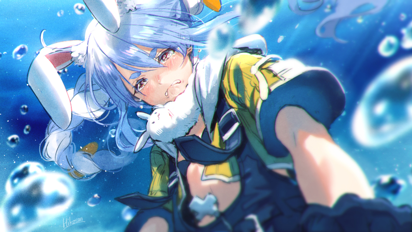 1girl, animal_ear_fluff, animal_ears, artist_name, black_gloves, blue_hair, blurry, blush