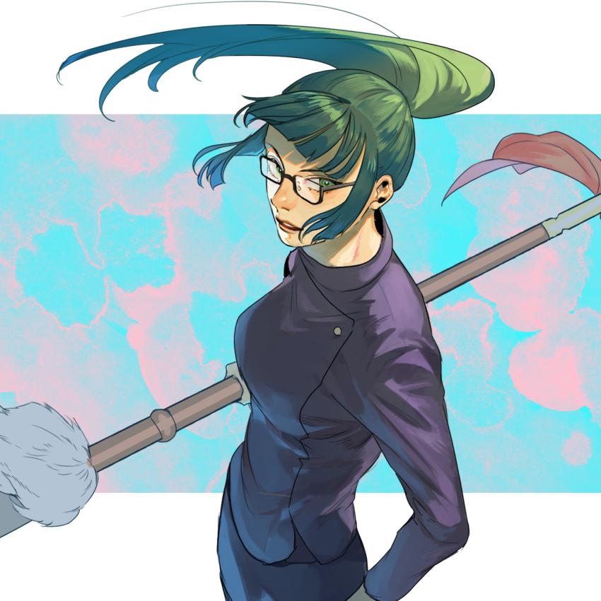 blue_background, glasses, green_eyes, green_hair, highres, holding, holding_weapon, jujutsu_kaisen, long_hair, long_sleeves, looking_at_viewer, polearm, school_uniform, sidelocks, simple_background, solo, spear, standing, tentaro_(miyuuuuu-u), weapon, zen'in_maki