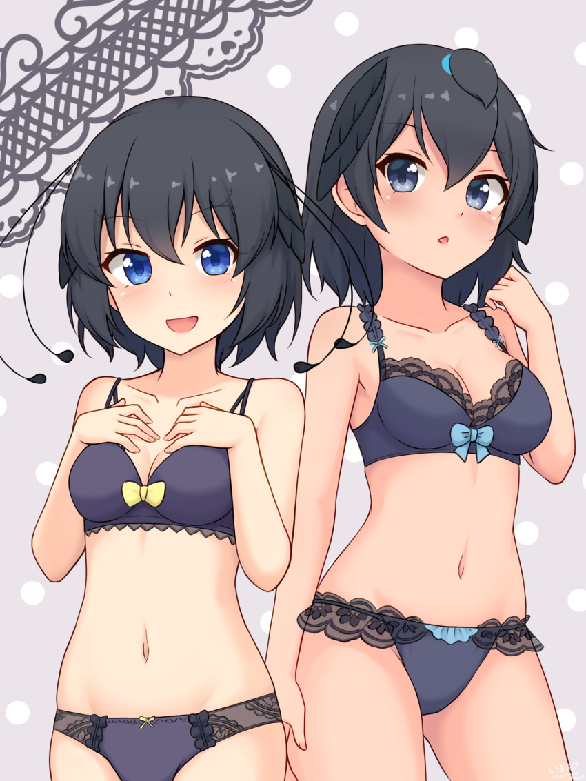 2girls, :o, absurdres, antennae, black_bra, black_eyes, black_hair, black_panties