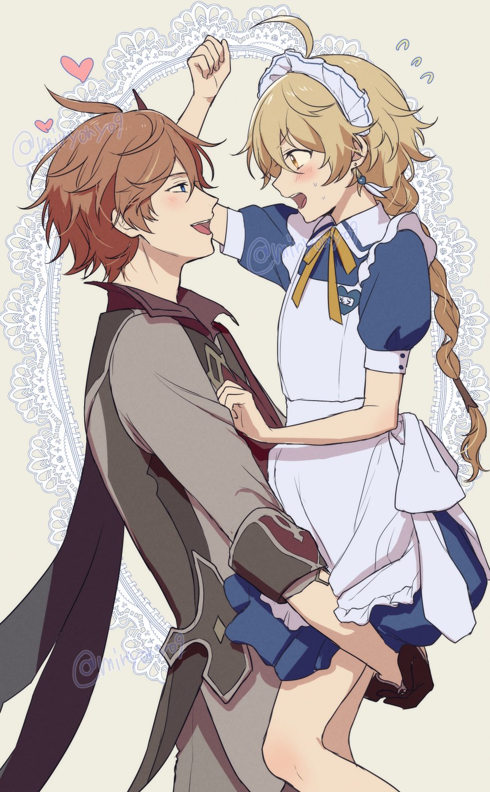 2boys, aether_(genshin_impact), apron, artist_name, black_gloves, blonde_hair, blue_dress, blue_eyes