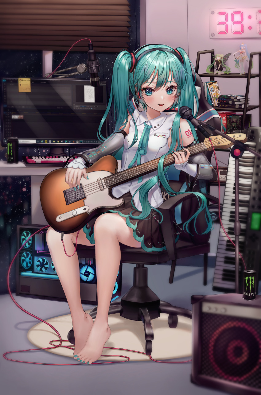 1girl, absurdres, aina_156cm, aqua_eyes, aqua_hair, aqua_nails, aqua_ribbon, bare_legs