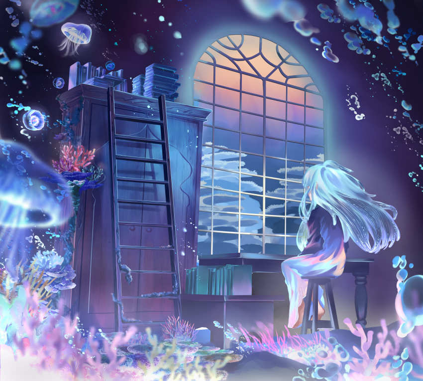 1girl, absurdres, air_bubble, animal, barefoot, blue_dress, blue_hair, book