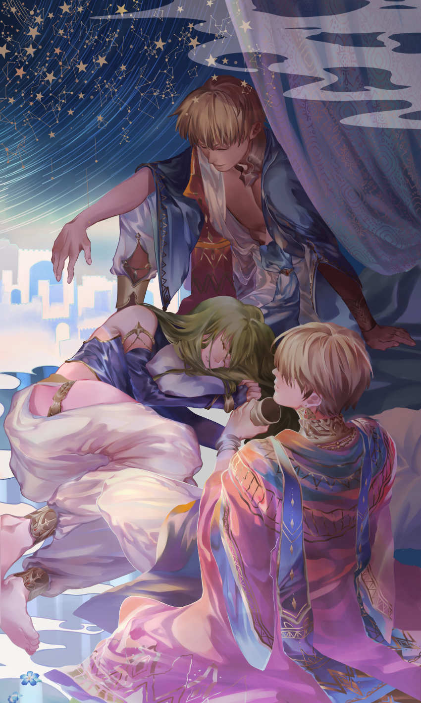 3boys, absurdres, anklet, armlet, bare_pectorals, bare_shoulders, barefoot, blonde_hair